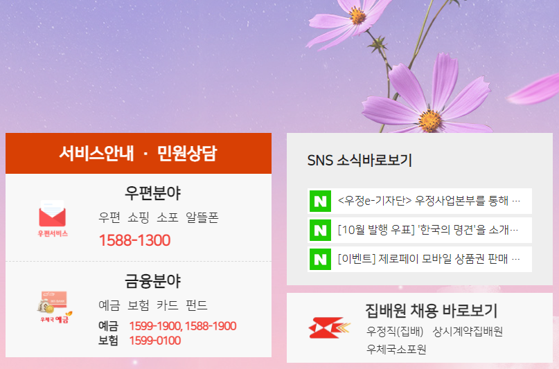 우정사업본부 홈페이지의 사진이다. 오른쪽 박스의 <SNS 소식 바로보기> 문구가 눈길을 사로잡는다.